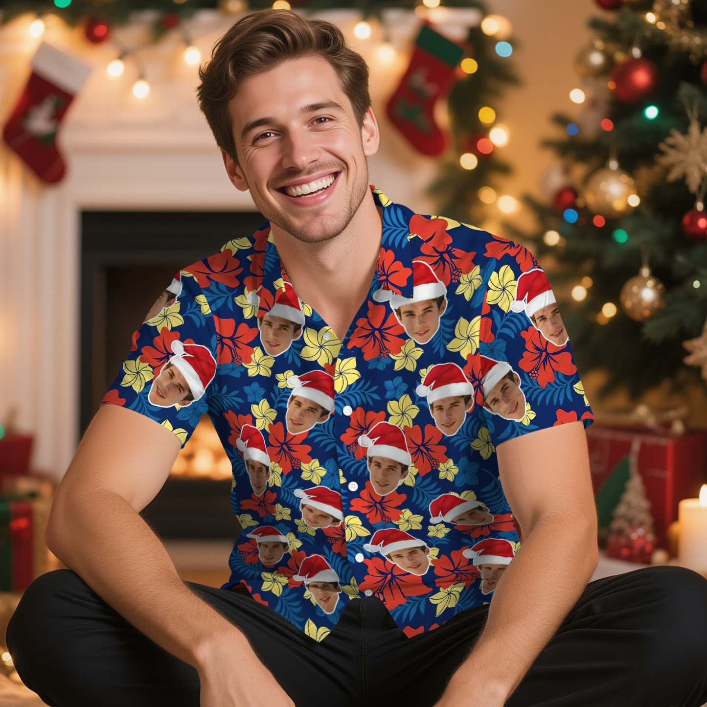 Camisa Hawaiana Personalizada Con Foto, Regalo De Navidad, Árbol De Navidad Rojo, Regalo Navideño - santacalcetines