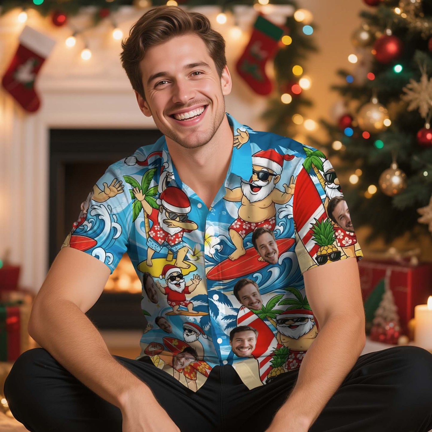Camisa Hawaiana Personalizada Con Caras Lindas Y Personajes Navideños. Camisa Hawaiana Personalizada Para Hombre Con Foto De Cara. Camisa Hawaiana Para Cumpleaños, Regalo De Navidad. - santacalcetines