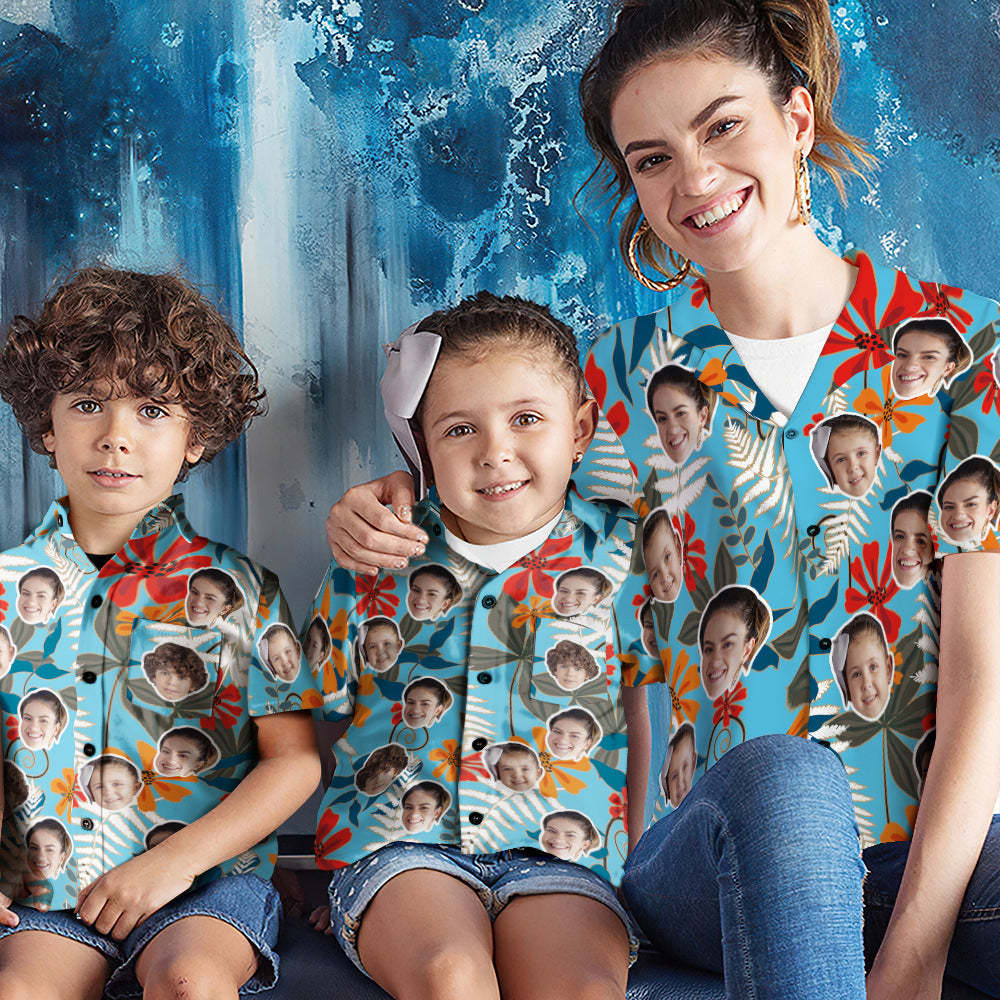Camisa De Cara Personalizada Camisas Hawaianas Para Mujeres Y Niños Camisa De Manga Corta Regalo Del Día De La Madre Flores Hawaianas - santacalcetines