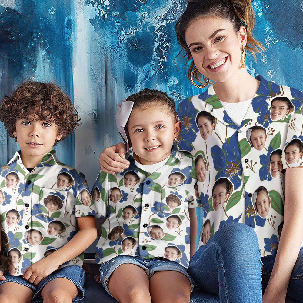 Camisa De Cara Personalizada Camisas Hawaianas Para Mujeres Y Niños Camisa De Manga Corta Regalo Del Día De La Madre Flores Azules - santacalcetines