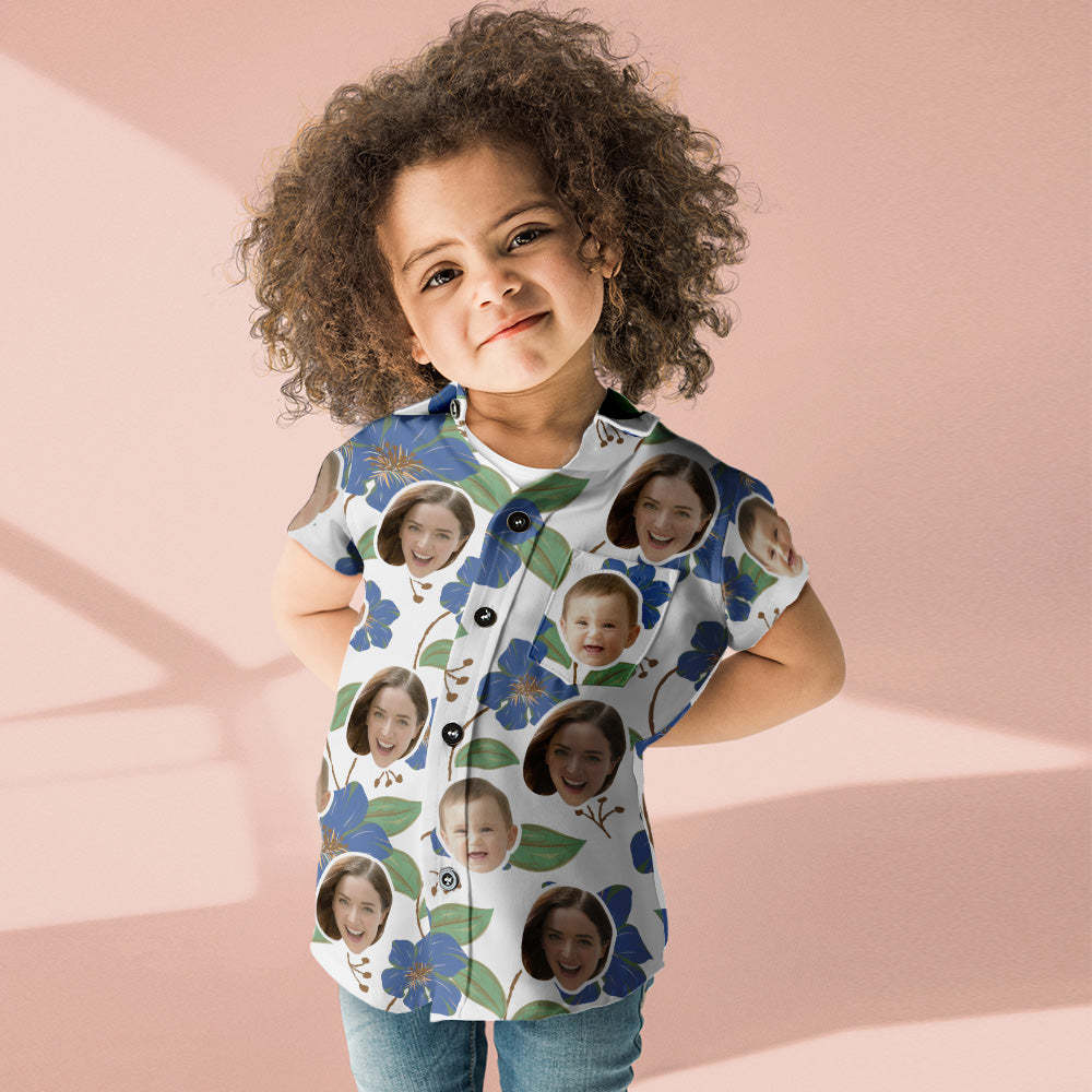 Camisa De Cara Personalizada Camisas Hawaianas Para Mujeres Y Niños Camisa De Manga Corta Regalo Del Día De La Madre Flores Azules - santacalcetines