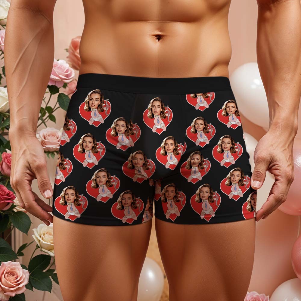 Boxeador De Cara Para Hombre Personalizado Cupido Amor Corazón Personalizado Cara Boxeadores Ropa Interior Del Día De San Valentín - santacalcetines