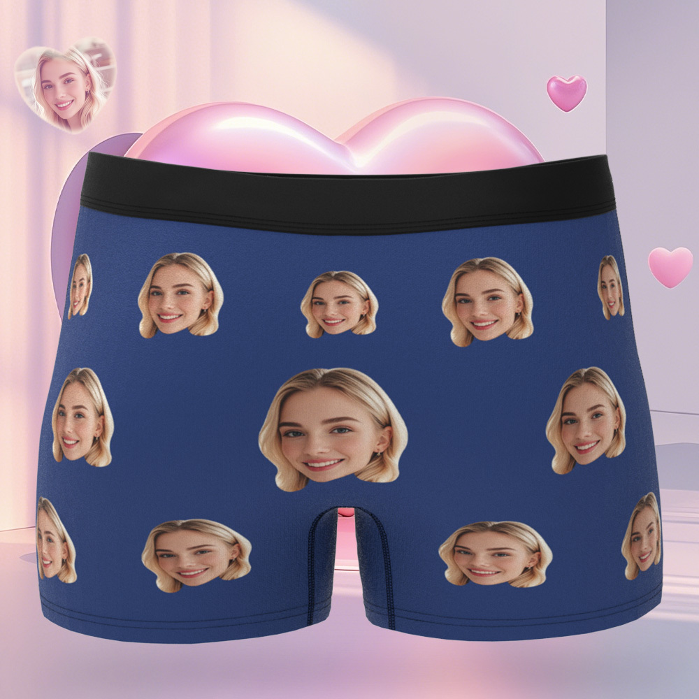 Bóxer Azul Con Cara Personalizada Para Hombre, Regalo Para Tu Marido. Bóxer Con Cara De Corazón 'te Amo'. - santacalcetines
