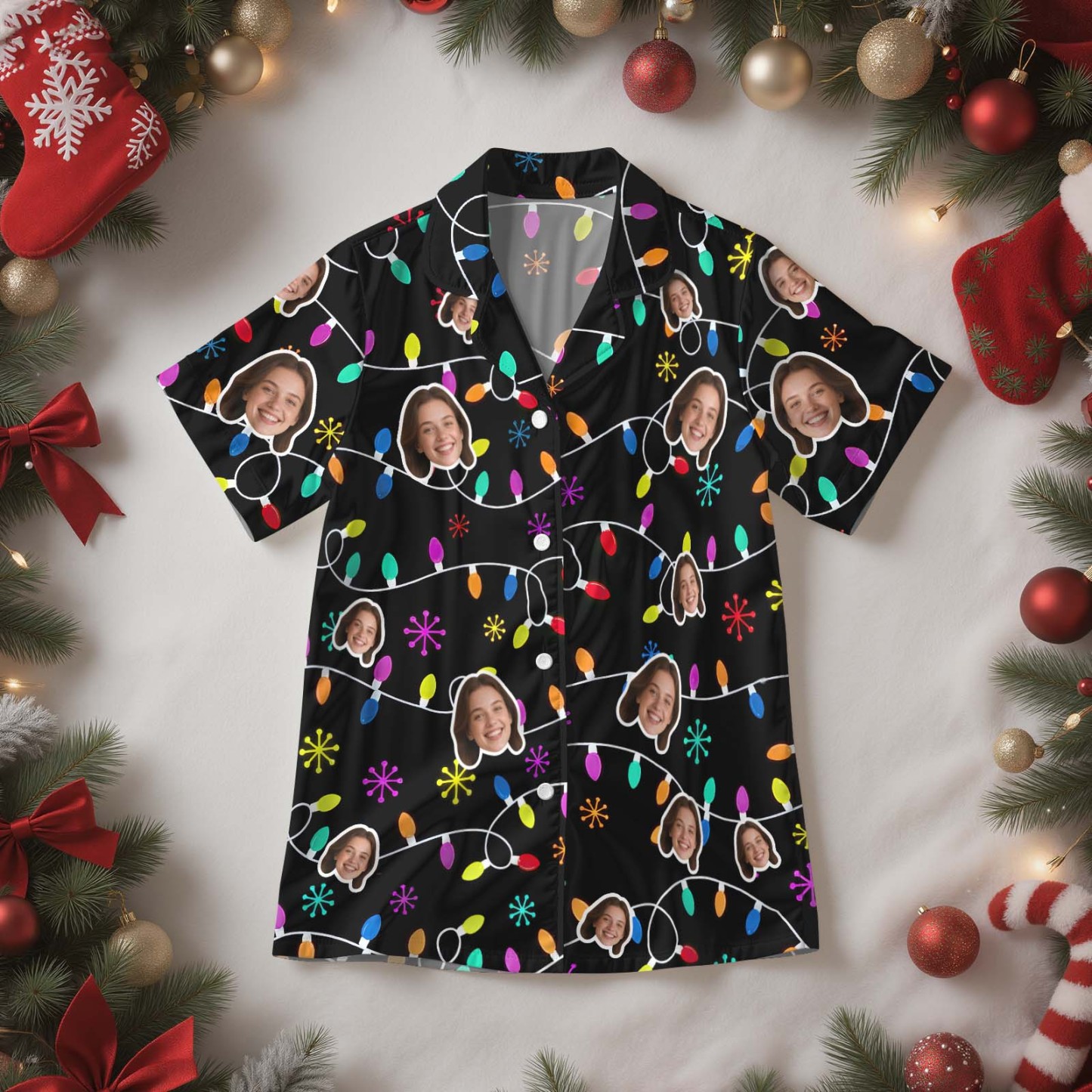 Regalos De Navidad, Pijamas De Manga Corta Con Cara Personalizada, Luces Navideñas, Ropa De Dormir Personalizada, Regalos De Amor Para Ella - santacalcetines