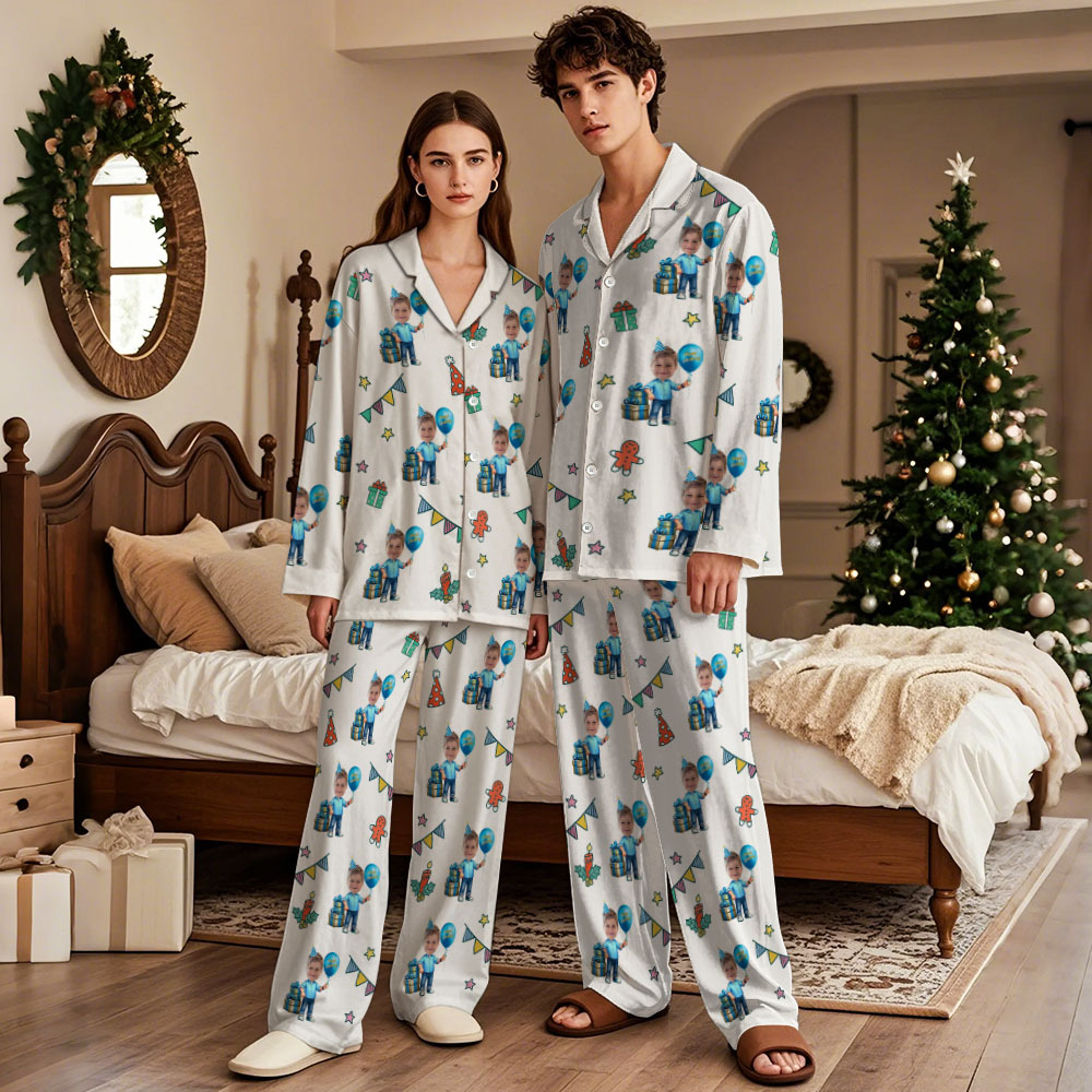 Pijama De Manga Larga Con Cara De Cumpleaños Personalizada, Pijama Con Cara Y Foto Personalizada, Regalo - santacalcetines