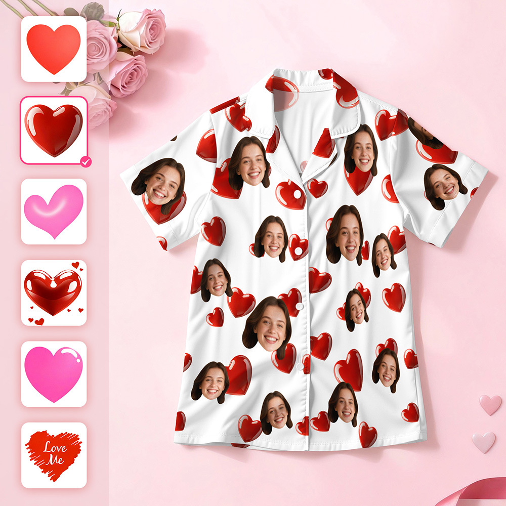 Pijama De Manga Corta Con Cara Personalizada, Ideal Como Pijama Para Parejas Con Cara De Corazón, Regalo De San Valentín Para Él. - santacalcetines