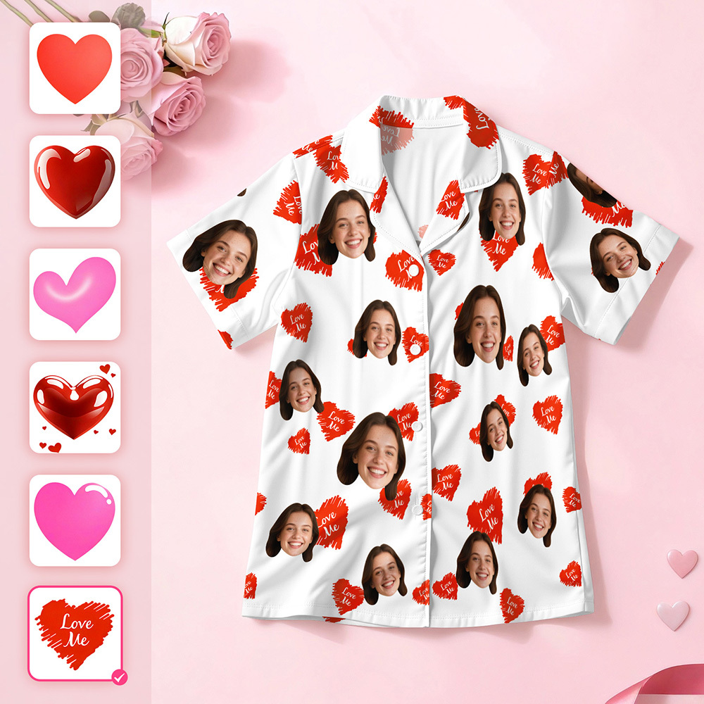 Pijama De Manga Corta Con Cara Personalizada, Ideal Como Pijama Para Parejas Con Cara De Corazón, Regalo De San Valentín Para Él. - santacalcetines