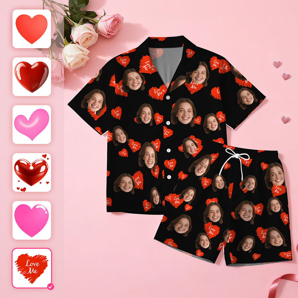 Pijama De Manga Corta Con Cara Personalizada, Ideal Como Pijama Para Parejas Con Cara De Corazón, Regalo De San Valentín Para Él. - santacalcetines