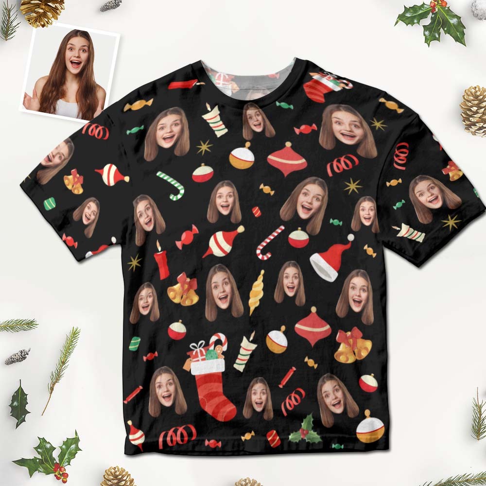 Camiseta Con Cara Personalizada, Regalos De Navidad, Camiseta Bonita De Navidad Con Dulces Navideños - santacalcetines