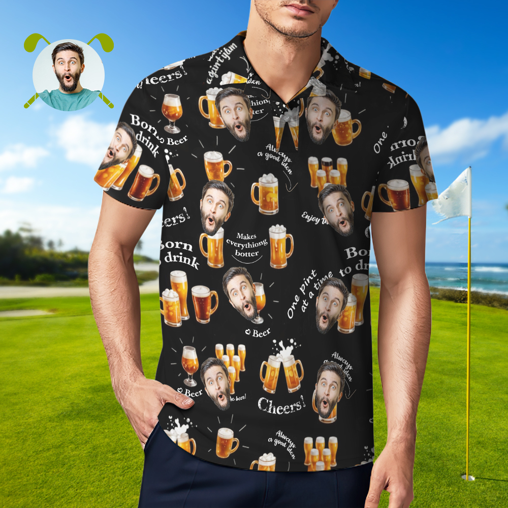 Polo Con Cara Personalizada, Polo De Golf Navideño Con Alegría, Polo De Cerveza - santacalcetines