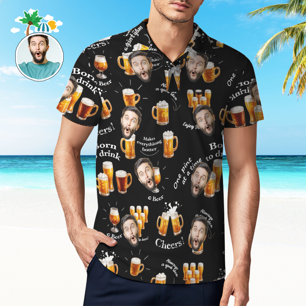Polo Con Cara Personalizada, Polo De Golf Navideño Con Alegría, Polo De Cerveza - santacalcetines