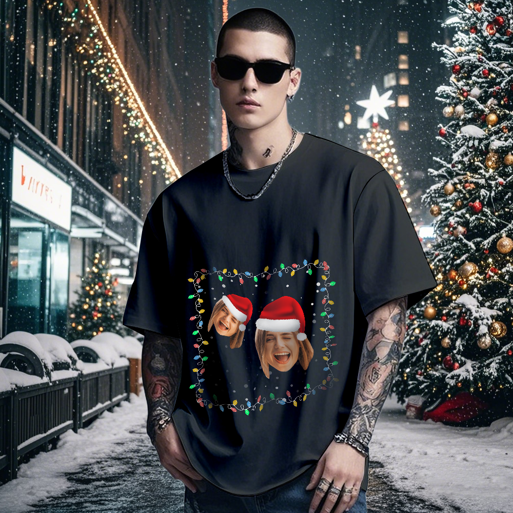 Camiseta Vintage Con Foto Personalizada, Camiseta Con Tema Navideño, Camiseta Vintage Con Linterna - santacalcetines