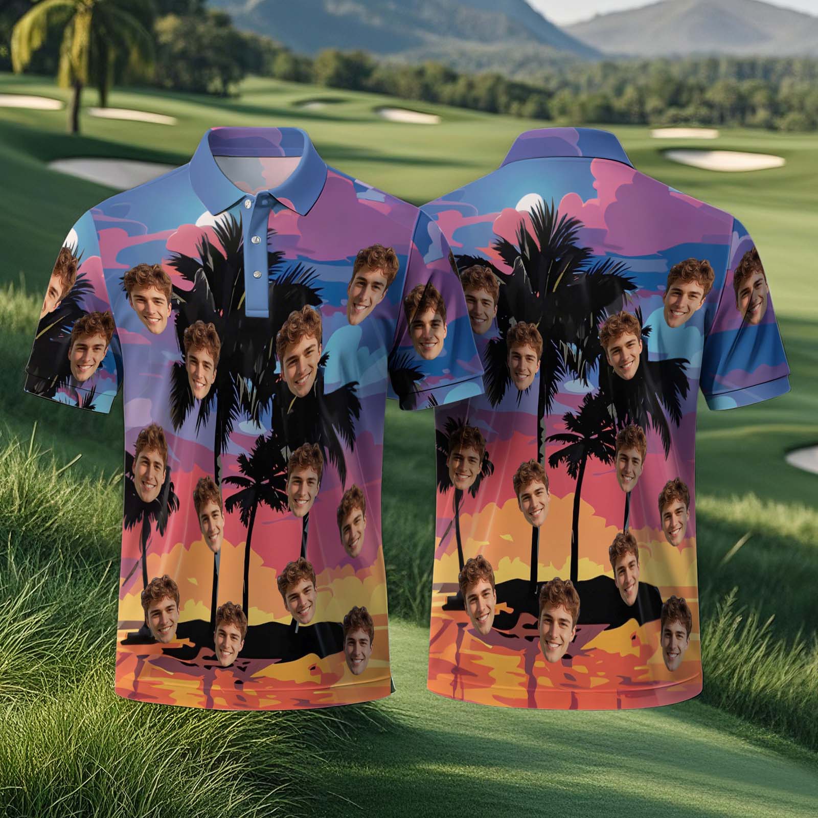 Polo De Golf Con Texto O Sin Texto Y Palmeras Azules Puesta De Sol Con Cara Personalizada