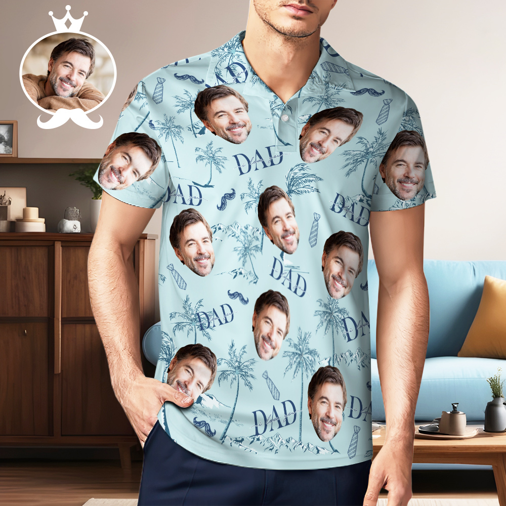 Polo De Golf Hawaiano Azul Con Cara Personalizada, El Mejor Regalo Para El Día Del Padre. - santacalcetines