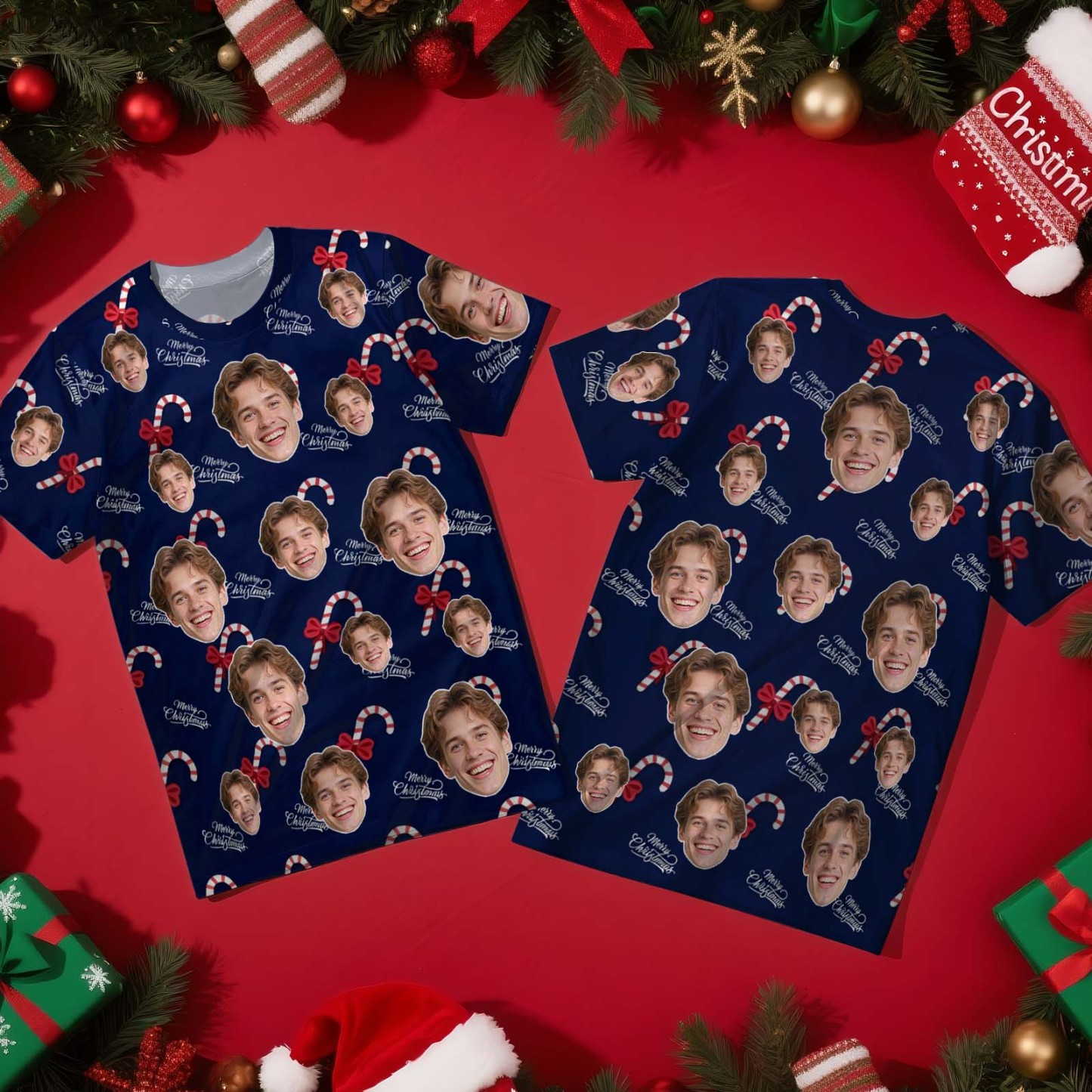 Camiseta Navideña Personalizada Con Foto De Papá Noel Con Copos De Nieve Rojos. Camiseta Navideña Personalizada Para Familiares, Amigos Y Parejas. Regalo De Navidad. - santacalcetines