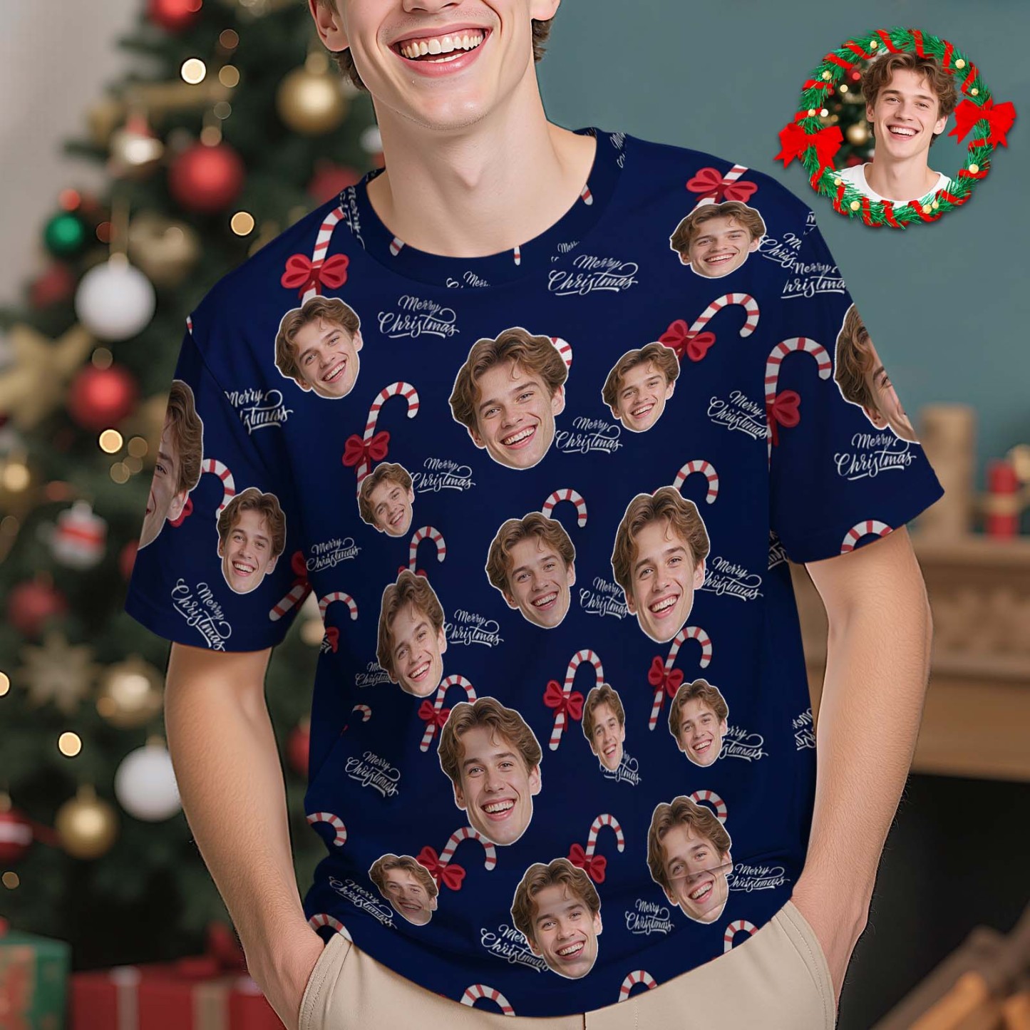 Camiseta Navideña Personalizada Con Foto De Papá Noel Con Copos De Nieve Rojos. Camiseta Navideña Personalizada Para Familiares, Amigos Y Parejas. Regalo De Navidad. - santacalcetines
