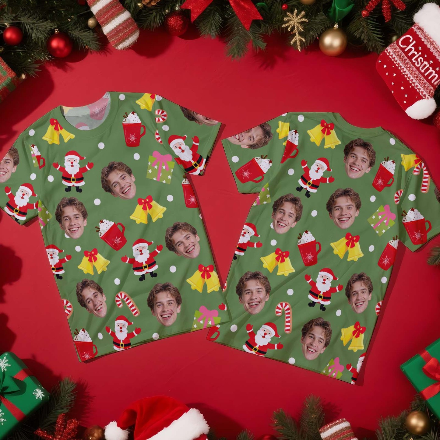 Camisetas Navideñas Personalizadas Con Foto Y Campanas. Regalos Navideños Personalizados Para Familiares Y Amigos. - santacalcetines