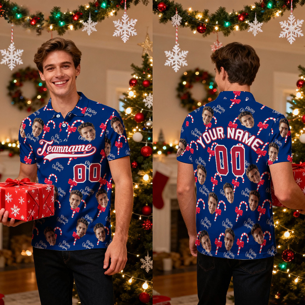 Polo De Golf De Alto Rendimiento Con Cara Y Texto Personalizados De Papá Noel Azul Navideño - santacalcetines