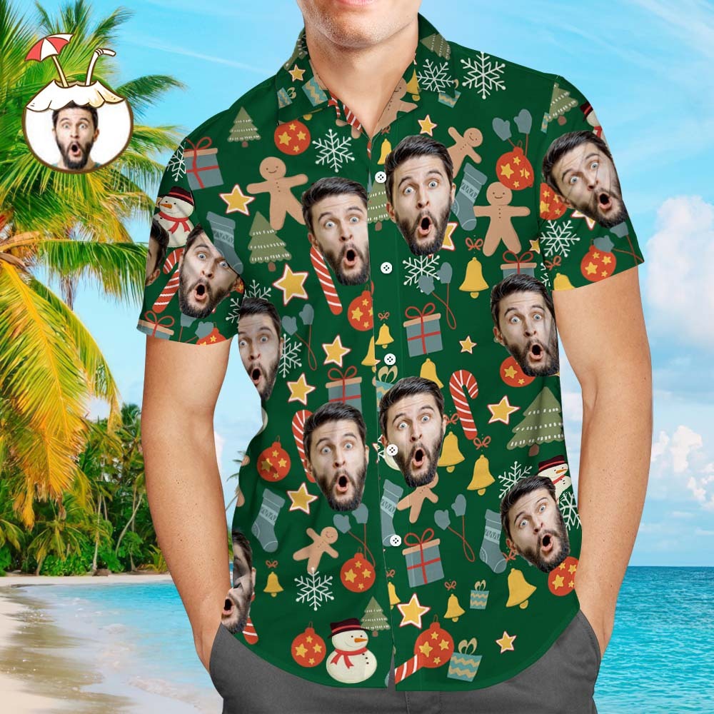 Camisa De Cara Personalizada Foto Personalizada Camisa Hawaiana Para Hombre Regalo Sorpresa De Navidad - Feliz Navidad - 