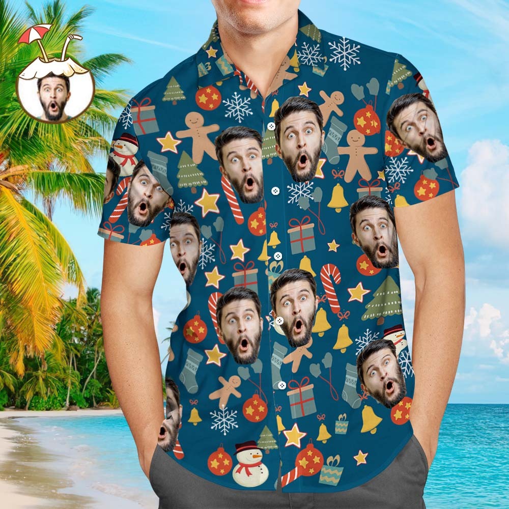 Camisa De Cara Personalizada Foto Personalizada Camisa Hawaiana Para Hombre Regalo Sorpresa De Navidad - Feliz Navidad - 