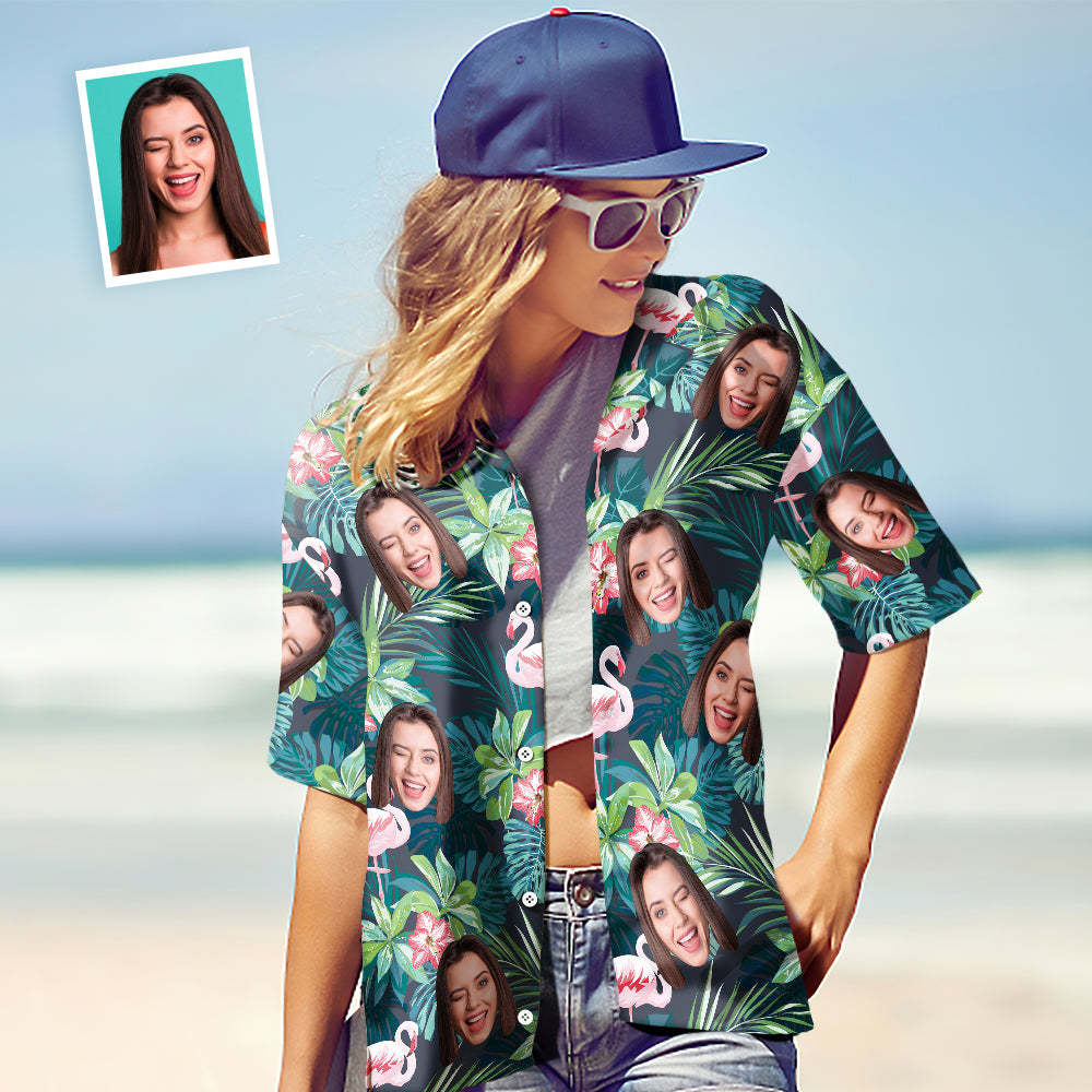 Camisa Hawaiana Personalizada Para Mujer Con Diseño De Flamenco Y Flor - santacalcetines