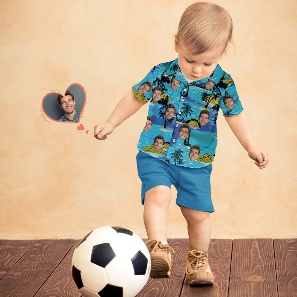 Camisa Hawaiana Con Cara Personalizada Camisa De Manga Corta Con Estampado De Hojas Grandes Para Niños - santacalcetines