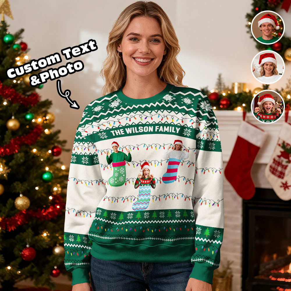 Sudadera Con Capucha De Cuello Redondo Personalizada Con Foto Personalizada, Regalo De Navidad Para La Familia, Suéter Feo Con Luces Led De Navidad, Sudadera Unisex. - santacalcetines