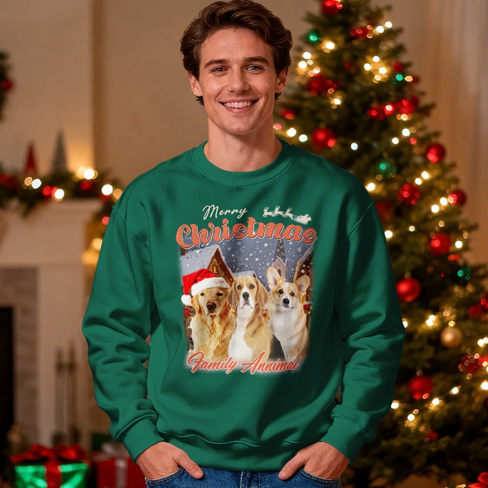 Sudadera Con Capucha Y Cuello Redondo Con Cara Personalizada, Retrato Retro Vintage De Tu Mascota, Sudadera Navideña Verde - santacalcetines