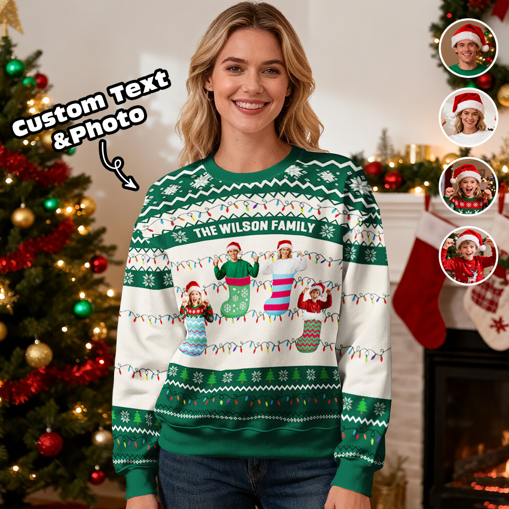 Sudadera Con Capucha De Cuello Redondo Personalizada Con Foto Personalizada, Regalo De Navidad Para La Familia, Suéter Feo Con Luces Led De Navidad, Sudadera Unisex. - santacalcetines
