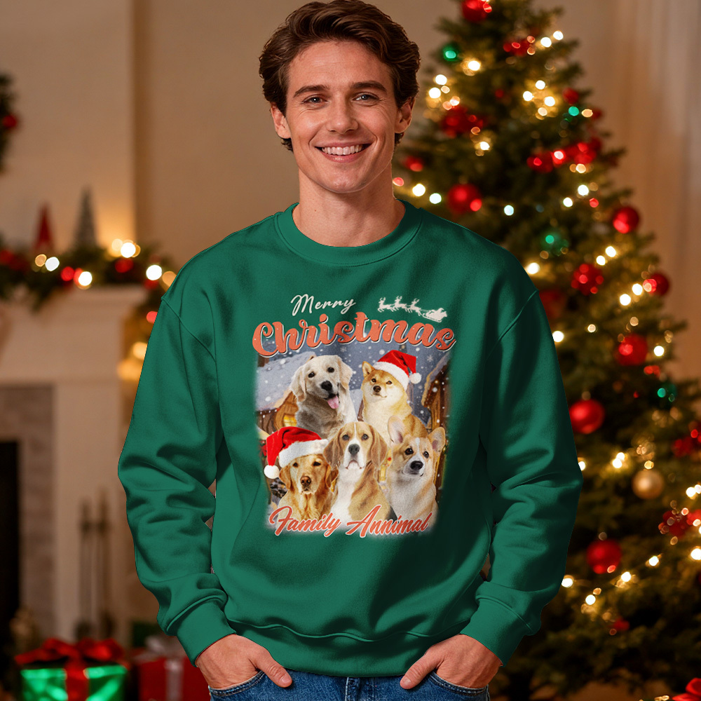 Sudadera Con Capucha Y Cuello Redondo Con Cara Personalizada, Retrato Retro Vintage De Tu Mascota, Sudadera Navideña Verde - santacalcetines