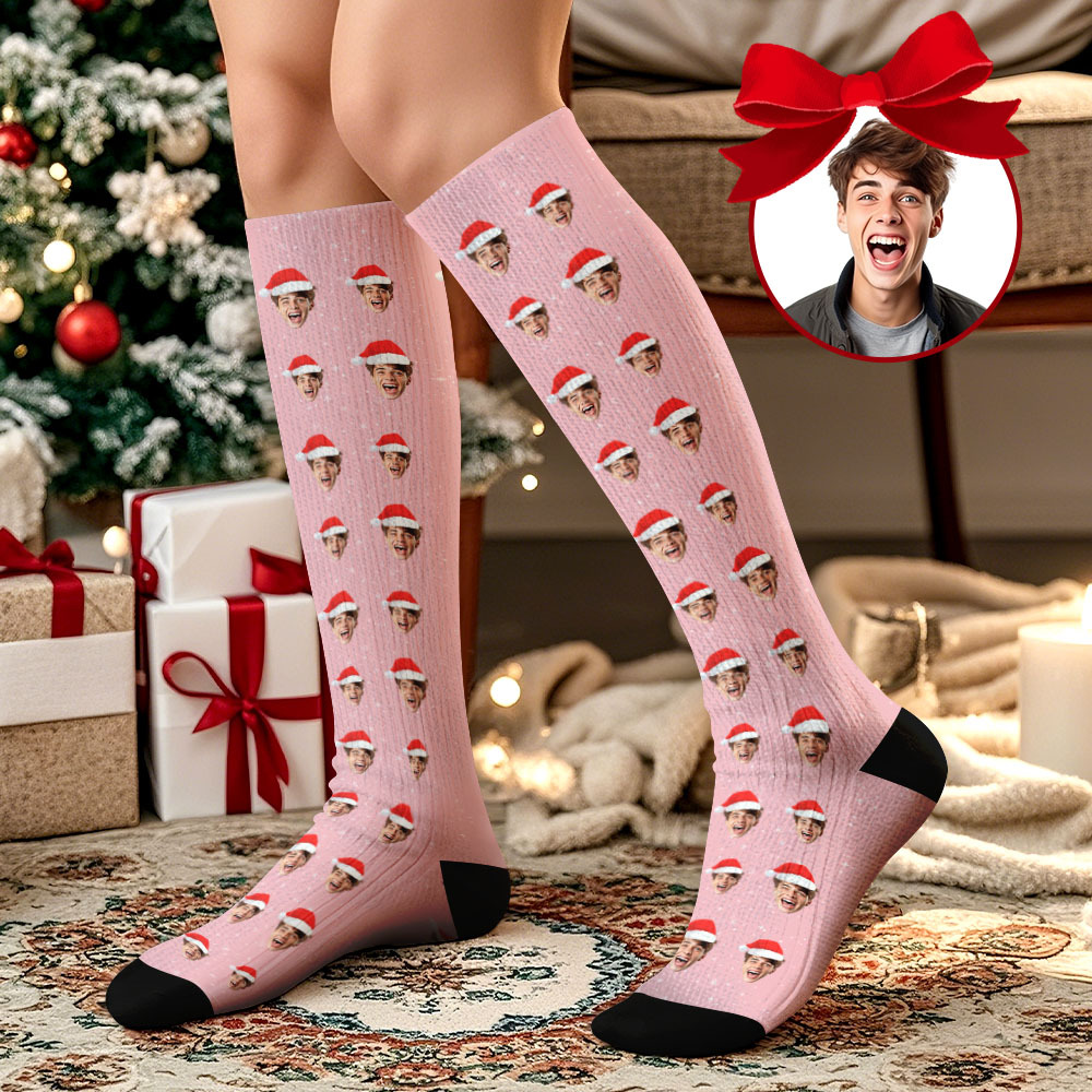 Regalos De Navidad Cara Personalizada Calcetines Hasta La Rodilla Calcetines De Navidad Personalizados Feliz Navidad Corazón Cara Completa - santacalcetines