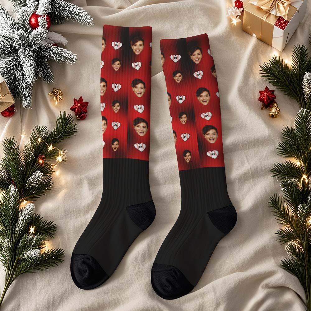 Regalos De Navidad Cara Personalizada Calcetines Hasta La Rodilla Calcetines De Navidad Personalizados Feliz Navidad Corazón Cara Completa - santacalcetines