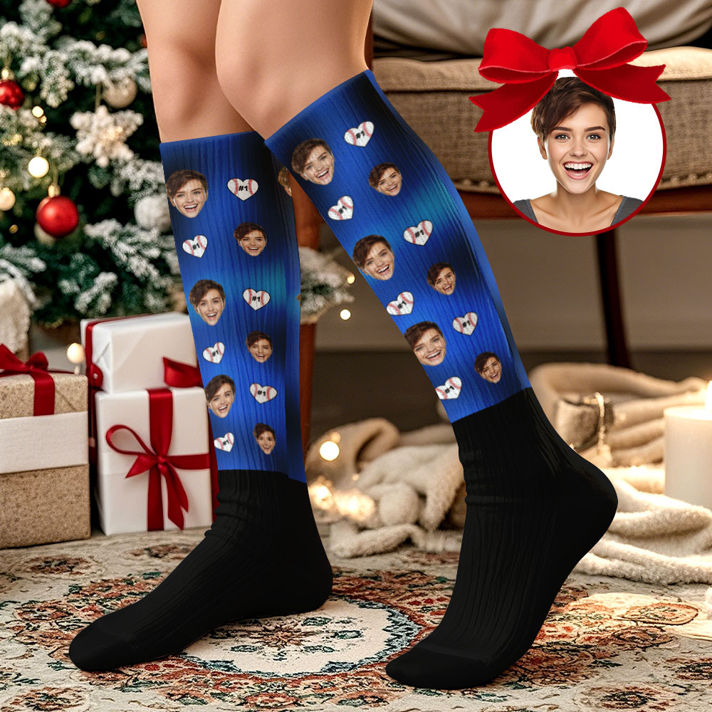 Regalos De Navidad Cara Personalizada Calcetines Hasta La Rodilla Calcetines De Navidad Personalizados Feliz Navidad Corazón Cara Completa - santacalcetines