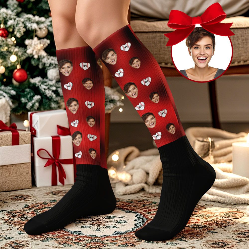 Regalos De Navidad Cara Personalizada Calcetines Hasta La Rodilla Calcetines De Navidad Personalizados Feliz Navidad Corazón Cara Completa - santacalcetines