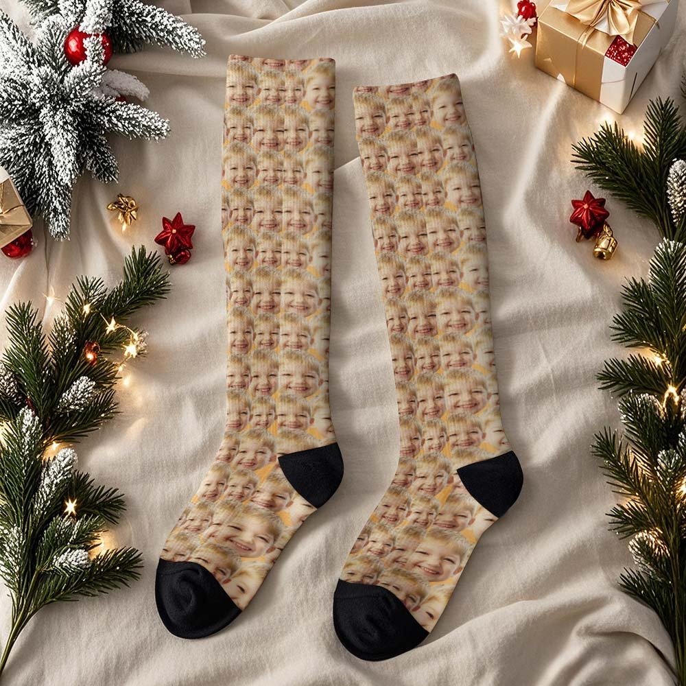 Regalos De Navidad Cara Personalizada Calcetines Hasta La Rodilla Calcetines De Navidad Personalizados Feliz Navidad Corazón Cara Completa - santacalcetines