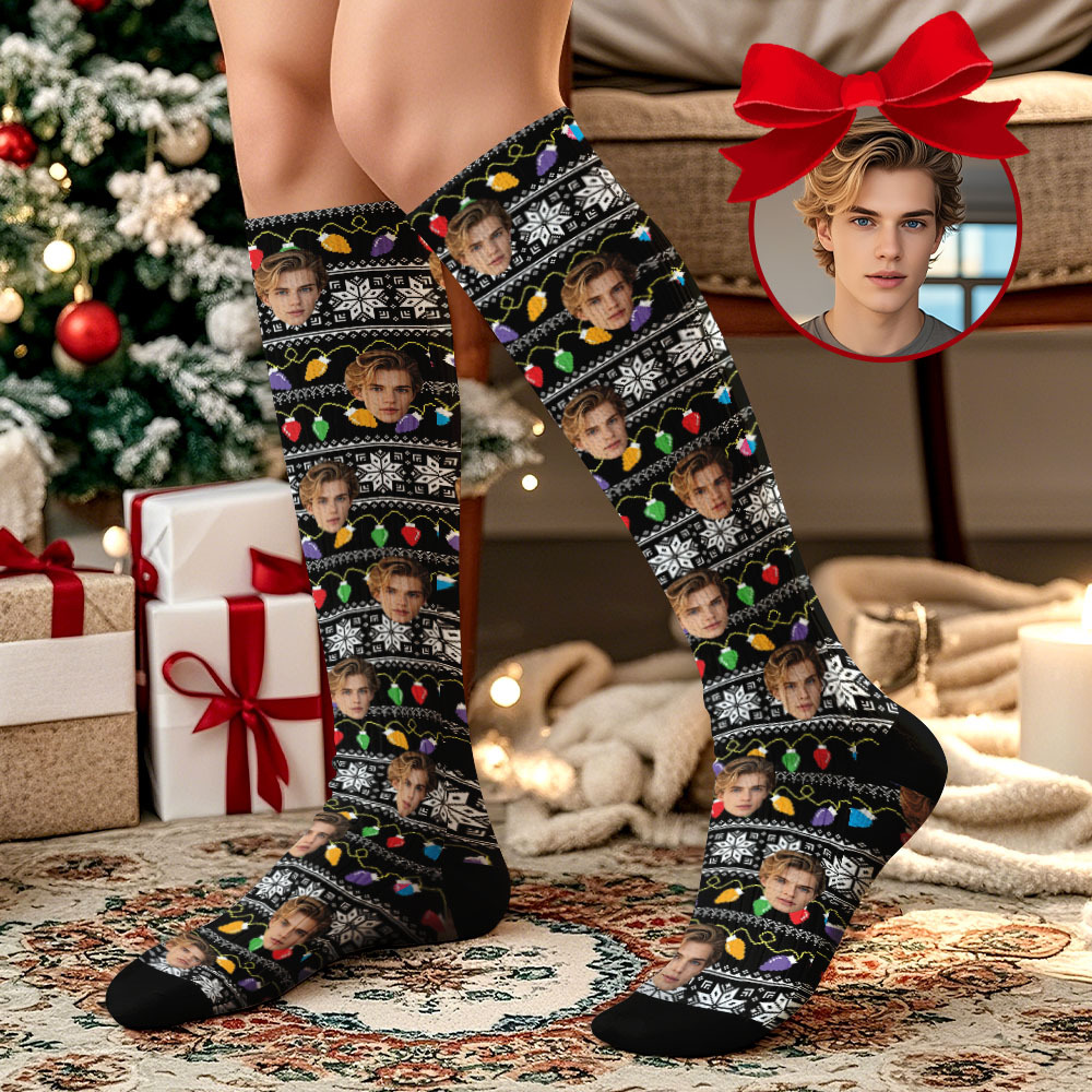 Calcetines Navideños Personalizados Hasta La Rodilla Con Cara, Calcetines Vintage Cálidos Personalizados, Feliz Navidad Para Tu Pareja. - santacalcetines