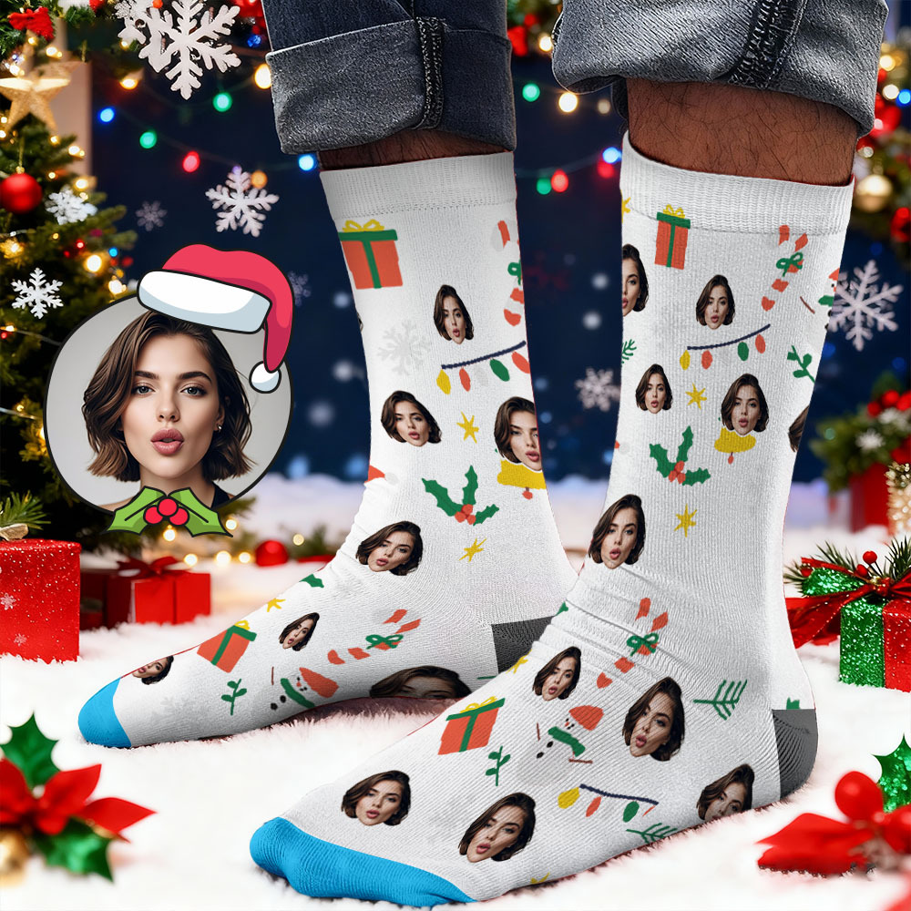 Calcetines Con Estampado De Cara Personalizado, Caja De Regalo Navideña, Luz, Diseños Personalizados, La Mejor Idea Para Regalar A Papá Noel. - santacalcetines