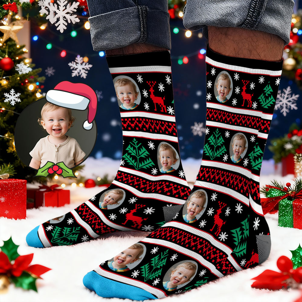 Calcetines Con Estampado De Cara Personalizado, Caja De Regalo Navideña, Luz, Diseños Personalizados, La Mejor Idea Para Regalar A Papá Noel. - santacalcetines