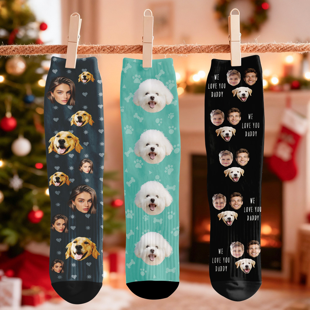 Calcetines Navideños Personalizados Con Caras, Calcetines Navideños Divertidos Con Caras, Regalo - santacalcetines