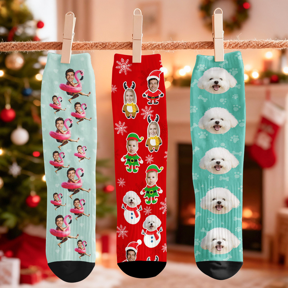 Calcetines Navideños Personalizados Con Caras, Calcetines Navideños Divertidos Con Caras, Regalo - santacalcetines