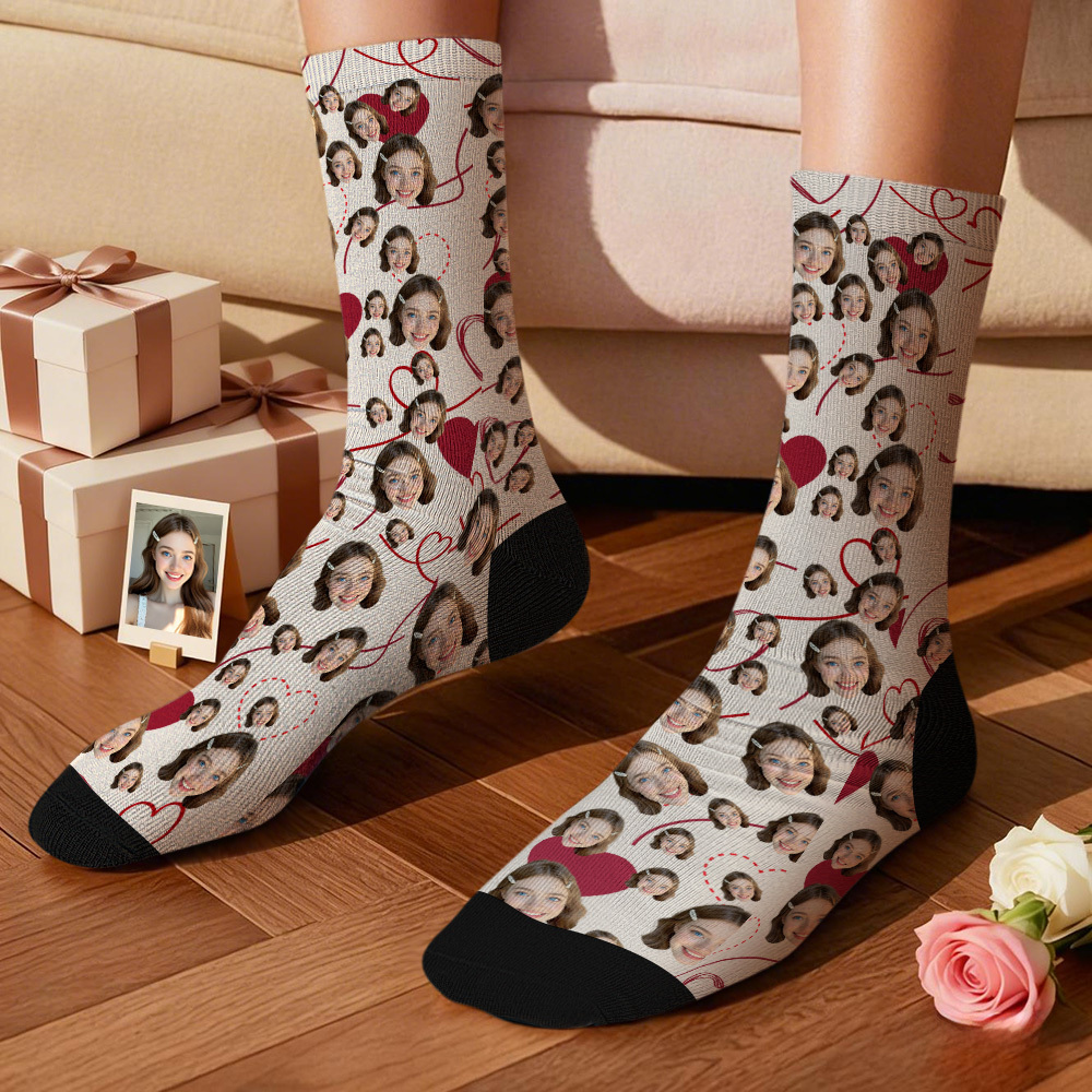 Calcetines Personalizados Con Cara De Corazón, Calcetines Personalizados Divertidos Con Cara De San Valentín, Regalo - santacalcetines