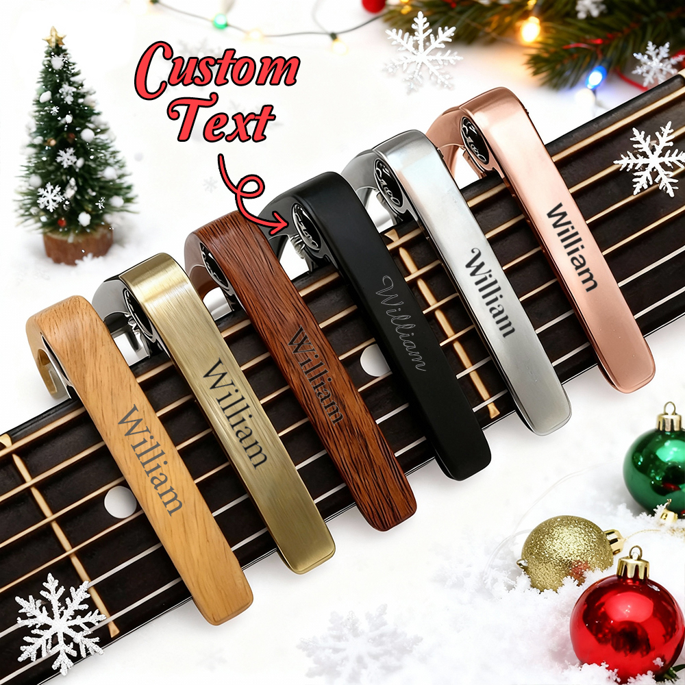 Cejilla De Guitarra Metálica Personalizada Grabada Con Nombre - Regalo Musical Para Papá. Cejilla Personalizada Para Tocar La Guitarra Con Veta De Madera. - santacalcetines