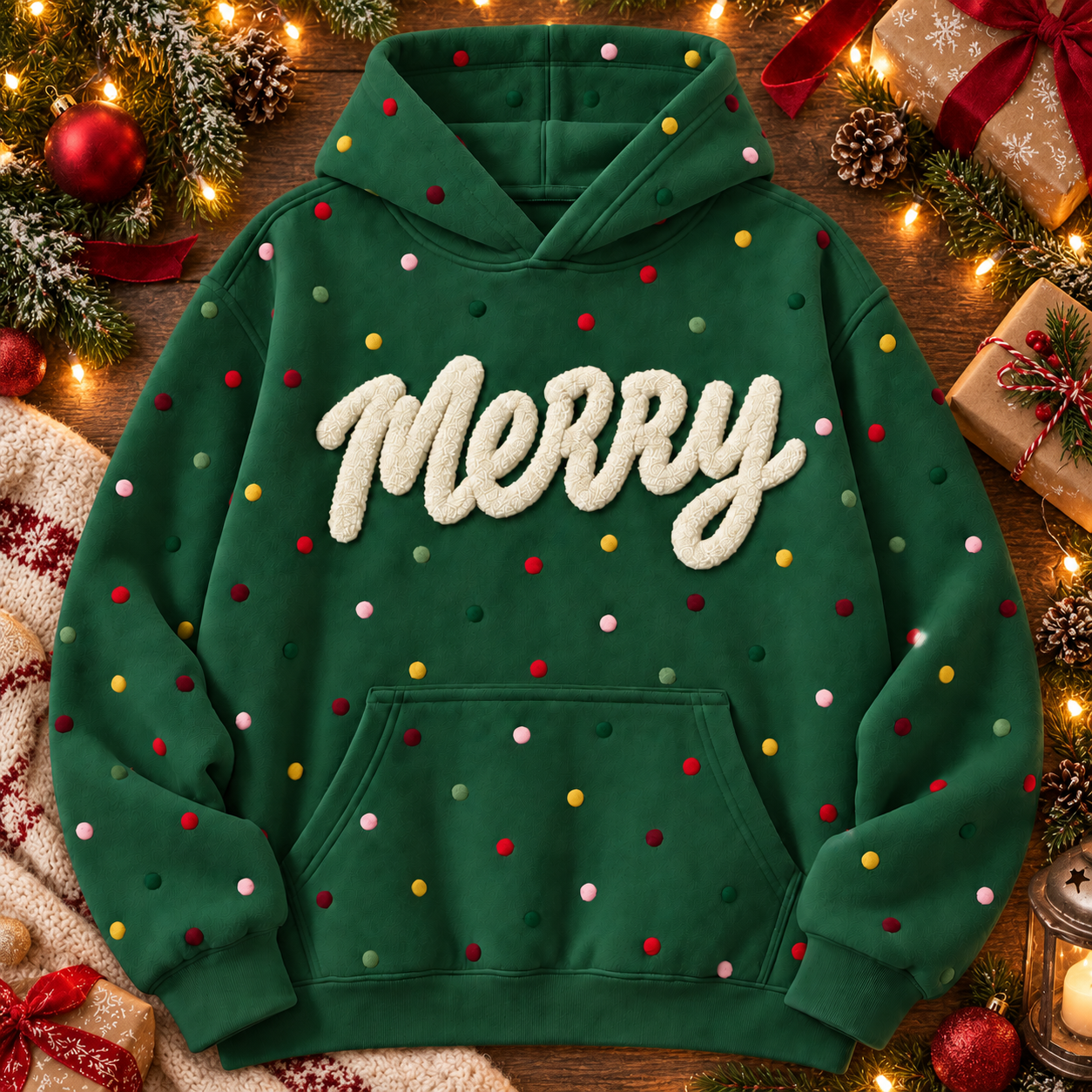 Sudadera Con Capucha Navideña Personalizada Con Lunares - Sudadera Navideña Con Texto De Chenilla Personalizada - santacalcetines