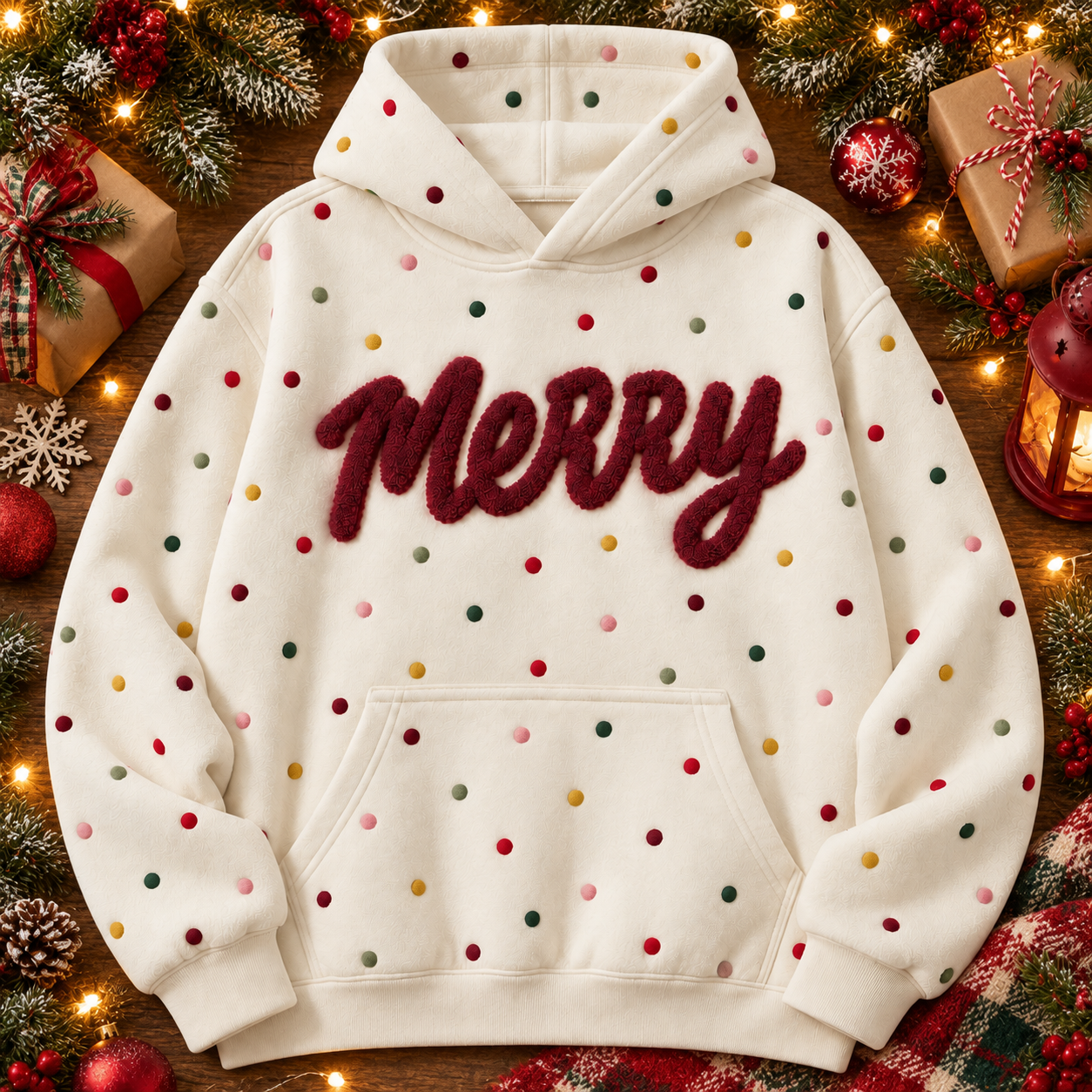 Sudadera Con Capucha Navideña Personalizada Con Lunares - Sudadera Navideña Con Texto De Chenilla Personalizada - santacalcetines