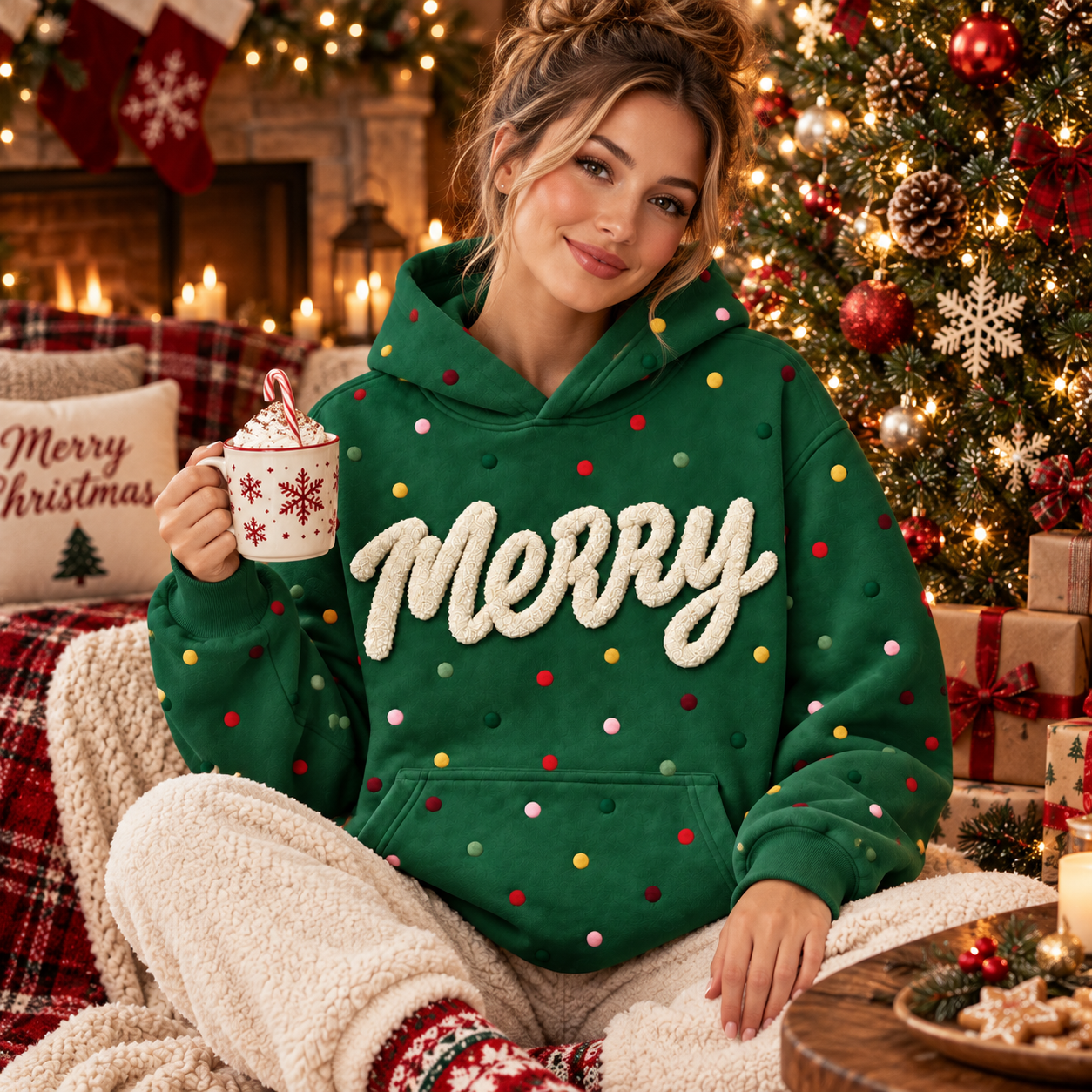 Sudadera Con Capucha Navideña Personalizada Con Lunares - Sudadera Navideña Con Texto De Chenilla Personalizada - santacalcetines