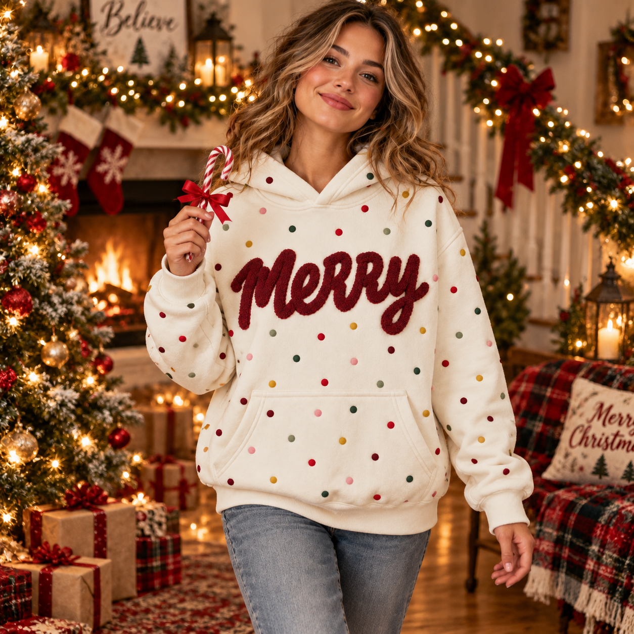 Sudadera Con Capucha Navideña Personalizada Con Lunares - Sudadera Navideña Con Texto De Chenilla Personalizada - santacalcetines