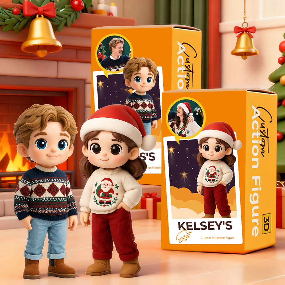 Figura De Pareja Navideña 3d Personalizada. Figura De Acción Navideña Personalizada De Photoromantic. Regalo Para Él Y Para Ella. - santacalcetines