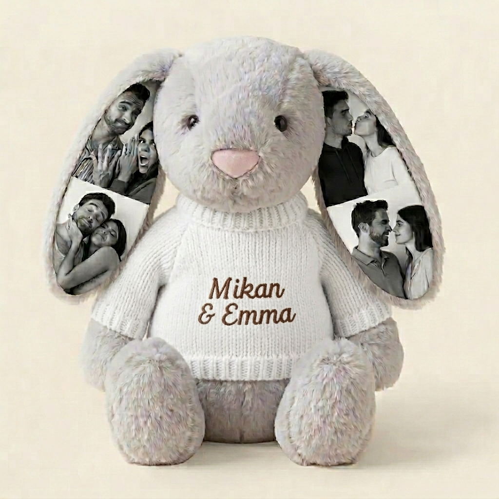 Foto Personalizada De Conejito De Peluche – Regalo Personalizado De Conejito Con Imagen Oculta En La Oreja Para Parejas, Regalos De Aniversario - santacalcetines