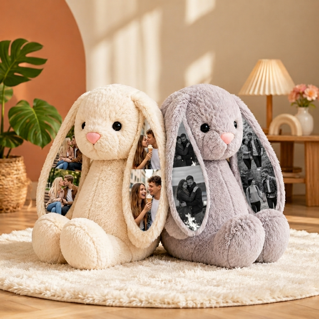 Foto Personalizada De Conejito De Peluche – Regalo Personalizado De Conejito Con Imagen Oculta En La Oreja Para Parejas, Regalos De Aniversario - santacalcetines