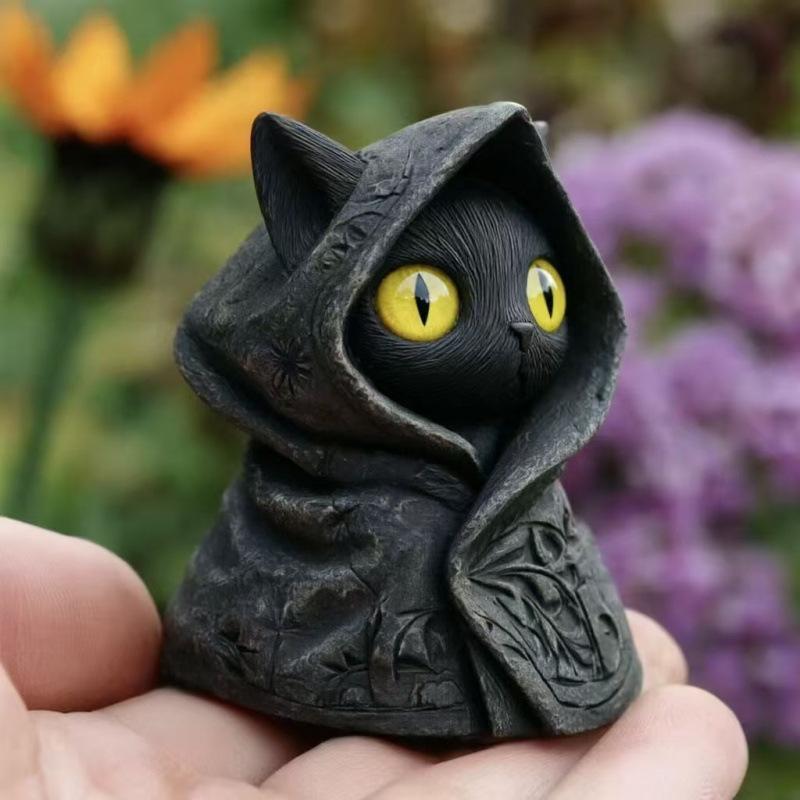 Misteriosa Figura De Gato Encapuchado - Estatua Gótica De Gato Negro, Escultura De Gatito Brujo De Fantasía Para Decoración Del Hogar, Regalo Perfecto Para Amantes De Los Gatos. - santacalcetines